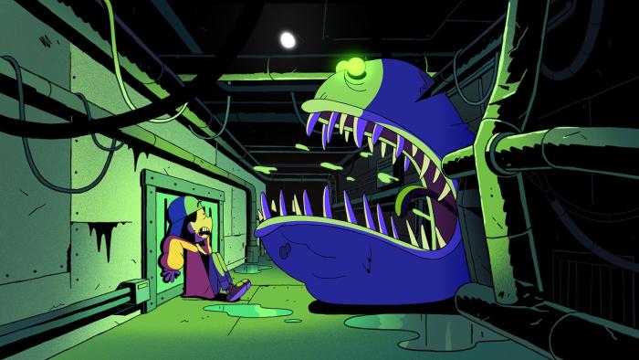 The Doomies TV show screenshot 2: a fearsome fish monster reveals its teeth to Romy
