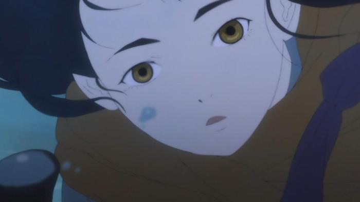 The Fire Hunter TV show: Touko is seen underwater, she has a calm, blank like expression, air bubbles can be seen rising in the water.