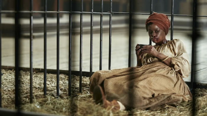 The Gray House TV show screenshot 2: A bruised Mary Jane Richards sitting in cage.