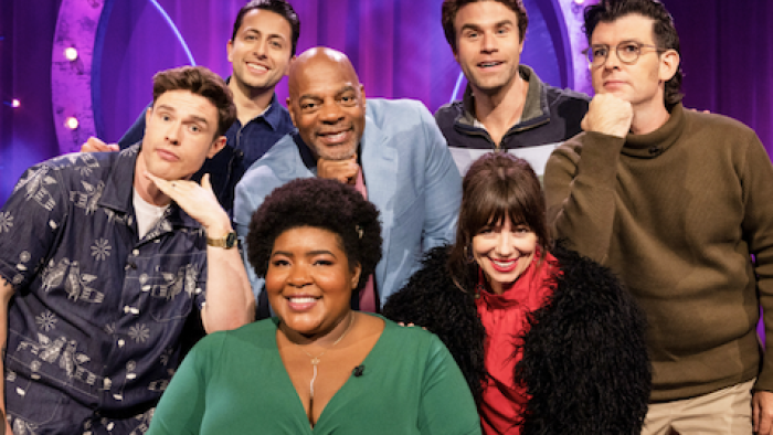 The Great American Joke Off TV show screenshot 1: Dulce Sloan sits in front of comedians from first episode. 