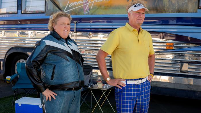 The Hawk TV show screenshot: Fortune Feimster and Will Ferrell wear their golf gear