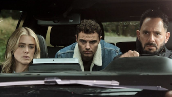 The Hunting Party TV show screenshot 3: Bex Henderson, Shane Florence, and Jacob Hassani in a car. 