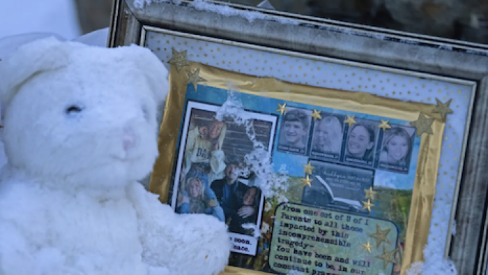 The Idaho Murders: College Nightmare screenshot 3: White teddy bear next to a framed collage with photographs, partially covered in snow.