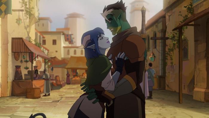 The Mighty Nein: Jester learns flirtily up against Fjord in the middle of the street as she runs from town guards.