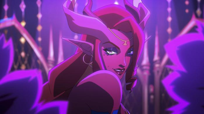 The Mighty Nein: Close-up of Marion's face and shoulders. She looks seductively over her shoulder as she performs a burlesque dance.