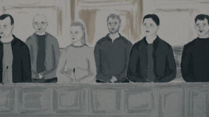 The Outreau Case screenshot 2: Artist drawing of defendants standing in court. 