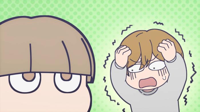 The Ramparts of Ice TV show screenshot 2: In a chibi art style, Koyuki makes a blank face while watching Miki panic a bit.