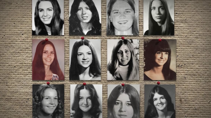 Conversations with a Killer: The Ted Bundy Tapes TV show screenshot 2: 12 photographs of female victims on bulletin board