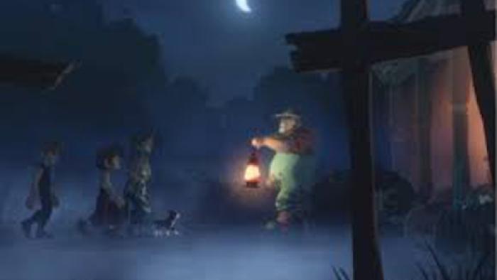 The Wingfeather Saga TV show: : Three children and a dog walk toward a man holding a lantern in the dark.