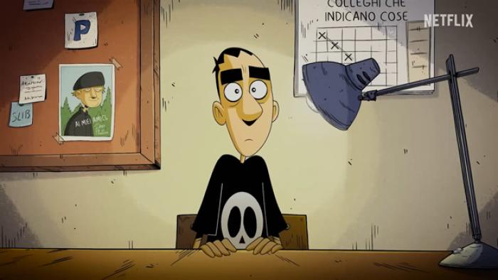 This World Can't Tear Me Down TV show screenshot: An animated man sits at a table with an interrogating lamp shining in his face.