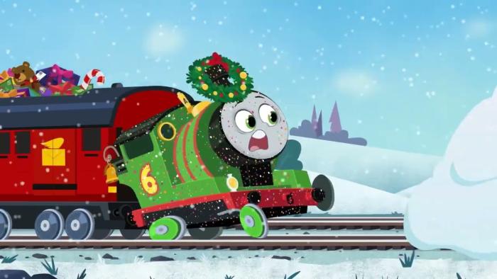 Thomas and Friends the Christmas Letter Express TV show screenshot 3: Percy, pulling a train car full of Christmas Presents, looks alarmed.