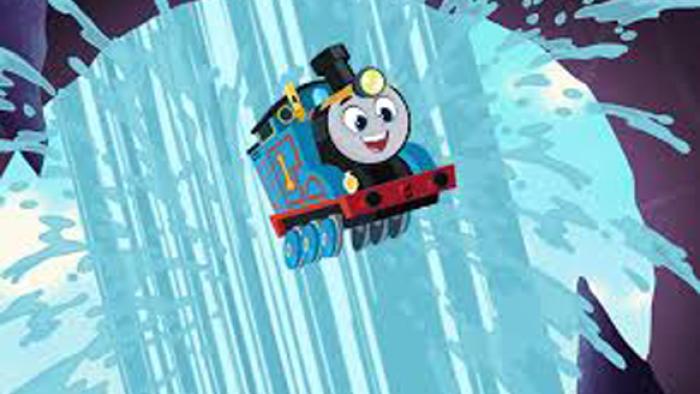 Thomas & Friends: The Mystery of Lookout Mountain: Thomas smiles as he is suspended in mid-air in a waterfall.