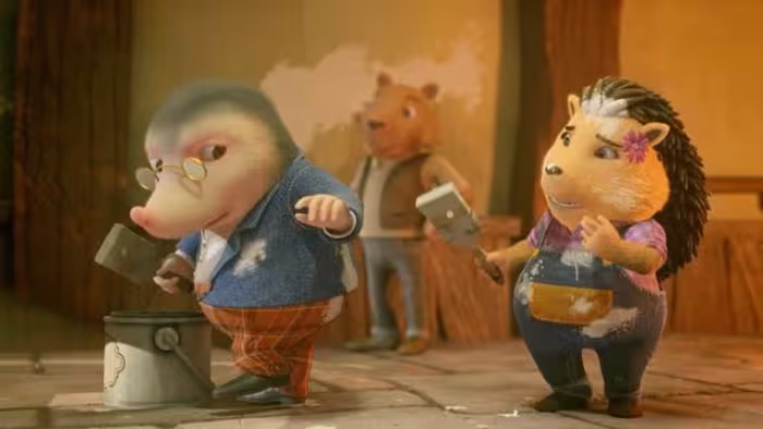 Toad & Friends TV screenshot 3:Mole looks upset at Hedge, who stands behind him with a brush of white paint looking guilty. Ratty watches from behind.