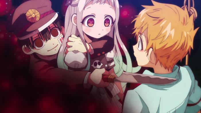 Toilet-bound Hanako-kun: Hanako, intimidating, holds Nene close as she makes a neutral face. He holds a chef's knife up to a scared Kuo's neck.