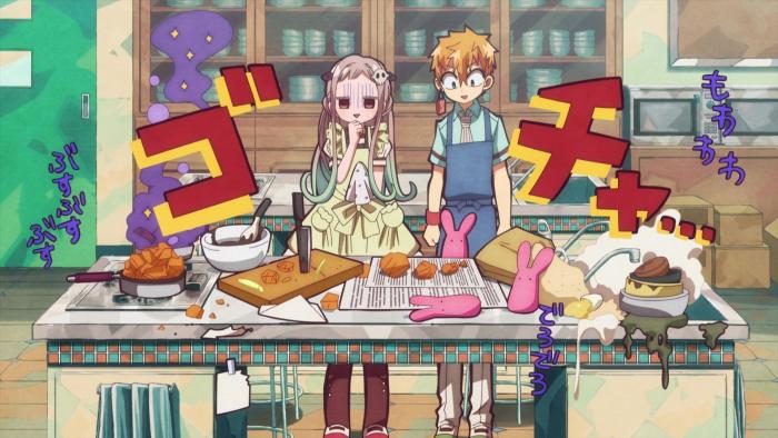 Toilet-bound Hanako-kun: Nene and Kuo stare down at a table of disastrous cooking attempts. Nene is ashamed. Kuo is shocked.