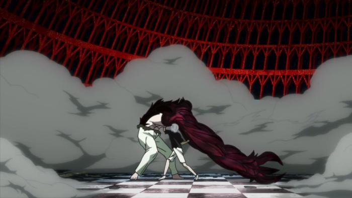 Tokyo Ghoul TV show screenshot 2: A white-haired boy is seen fighting a tall and muscular man who is in the process of turning into a monstrous figure with a demonic looking arm.