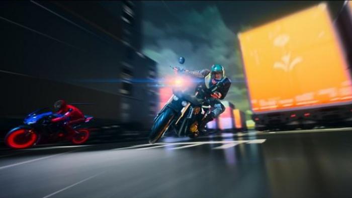 Tokyo Override TV Show: Two people on motorcycles race each other on a slick city street at night; Bright screens on buses behind them.
