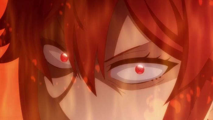 Tomo-chan Is a Girl! TV Show: Up close shot of a woman’s eyes, her eyes are red and look intense and angry, a fiery aura surrounds her face exemplifying her intensity.