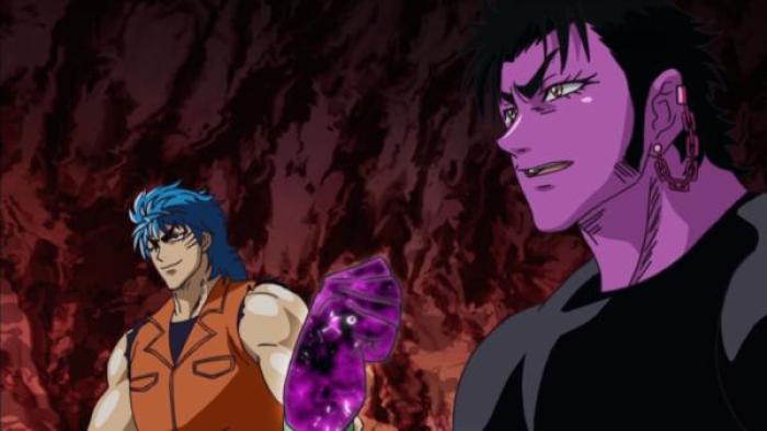 Toriko TV show: Toriko and a mysterious purple man are standing side by side, Toriko has a confident expression on his face, while the purple man is clenching his fist and looks unsure.