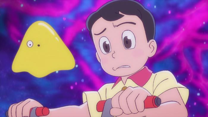 TP Bon TV show screenshot 1: Bon and Buyoyon look down in sadness, backed by a purple and pink galaxy.