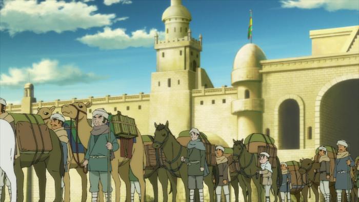 TP Bon TV show screenshot 2: A caravan of people, camels, horses, and cows leaves an ancient city gate.