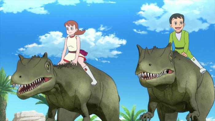 TP Bon TV show screenshot 3: Ream and Bon ride dinosaurs on a bright day with white clouds.