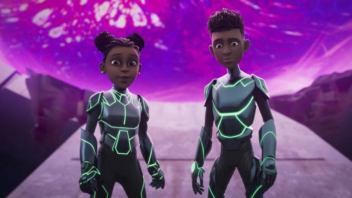 Transformers EarthSpark Hometown Heroes TV: Mo and Robby in their hero suits stand worried in front of the opened space bridge.