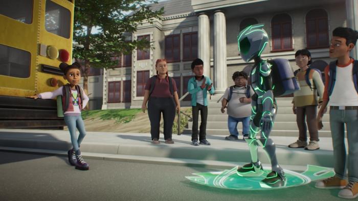 Transformers EarthSpark Hometown Heroes TV: Mo leans on the school bus as Robby arrives at school fully dressed in his hero suit; other kids stare.