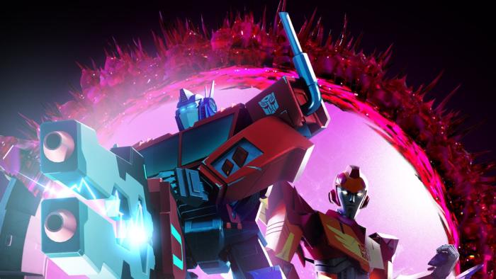 Transformers EarthSpark Hometown Heroes TV: Optimus Prime and Hot Rod walk out of the open Space Bridge.
