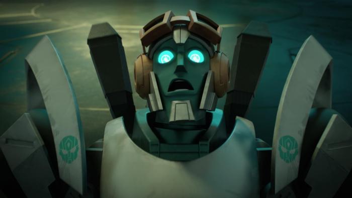 Transformers EarthSpark Legacy Of Hope TV: Thrash stares in shock into the camera.