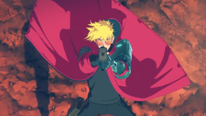 Trigun Stampede TV show screenshot 1: Vash points his gun at rockets in the air, he is standing in a red desert environment and his red trench coat is blowing back in the wind.