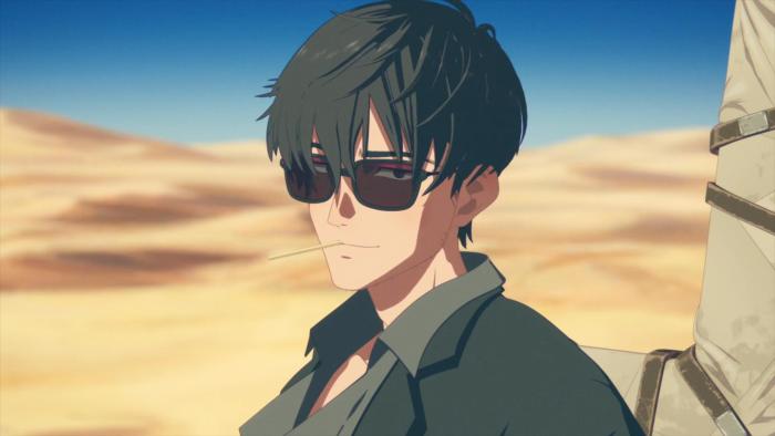 Trigun Stampede TV show screenshot 2: Wolfwood carries his famous large cross-shaped gun on his back through the desert, he looks casual with dark sunglasses and a toothpick.