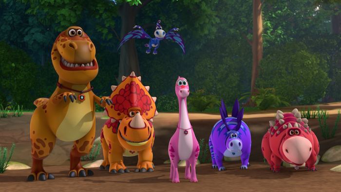 Turbozaurs TV: The Turbozaurs dinosaurs stand in line (left to right) Chuck, Bull, Jo, Jerry and Unky