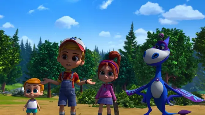 Turbozaurs TV: Peter looks confused with hands on his side between little brother Florian and sister Katie; Jerry is next to them.