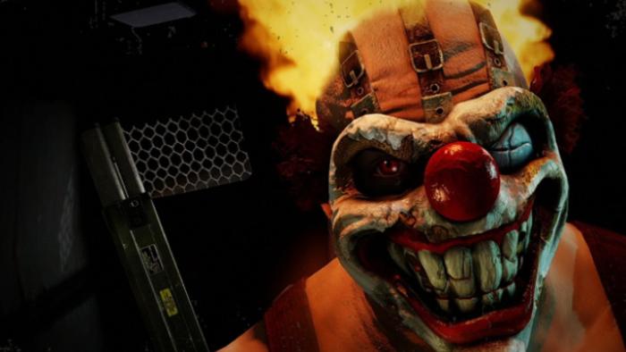 Twisted Metal: Sweet Tooth is shown from the neck up; he wears a menacing clown mask with a black smile. Around his head are jets of flame. 