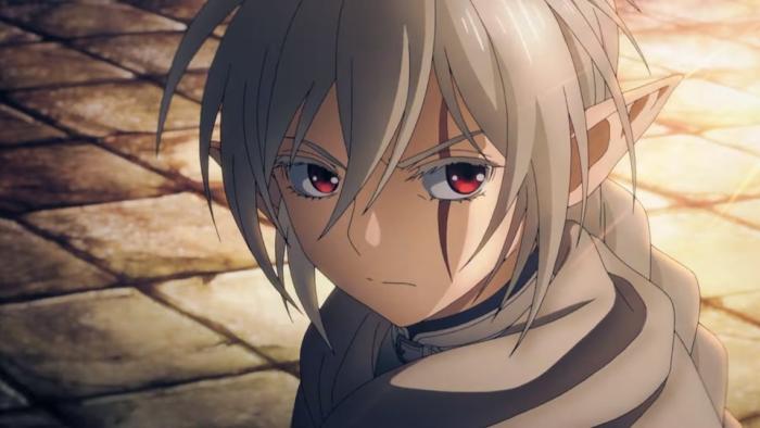 Ubel Blatt TV Show: A boy with red eyes and a scar on his face stares solemnly at something in the distance.
