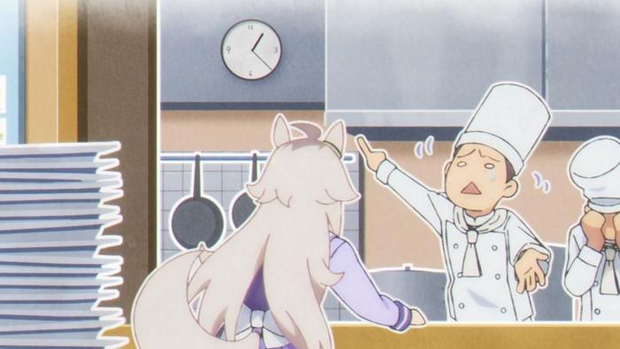 Umamusume: Cinderella Gray TV show screenshot 3: Oguri speaks with two visibly anxious chefs, and one points up at the clock on the wall 