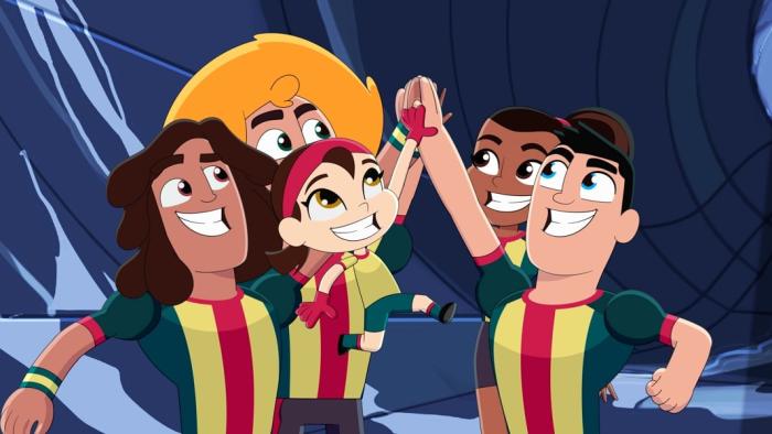 Underdogs United TV show screenshot 1: Kiko, Beto and Gigi to the left high fight Emma and Capi to the right.