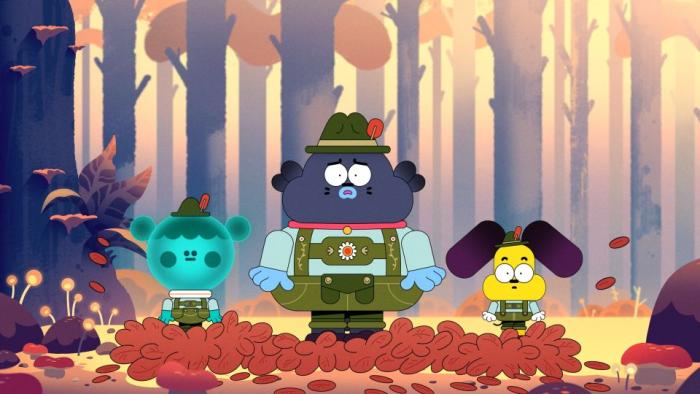 We Lost Our Human TV Show: cat Pud, dog Ham, and robot IT are in a forest wearing lederhosen