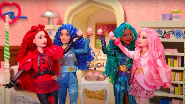 Wickedly Sweet: A Descendants Short Story TV screenshot 1: Doll versions of Red, Chloe, Uliana and Bridget hold up cupcakes, celebrating together.