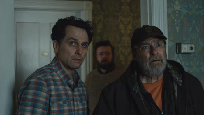 Widow's Bay TV show screenshot 3: the mayor (Rhys) and Wyck (Stephen Root) form an alliance