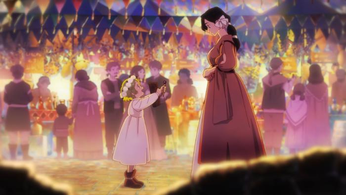 Witch Hat Atelier TV show screenshot 2: A young Coco and her mother visit a night fair. Coco excitedly holds a pen up to her mom for inspection.