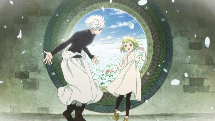 Witch Hat Atelier TV show screenshot 4: Qifrey shows off a magic portal door to Coco. Wind rushes in past the circular doorway. Coco laughs.
