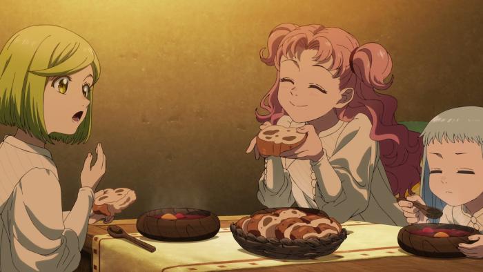 Witch Hat Atelier TV show screenshot 5: Coco, Tetia, and Richeh eat a homemade soup and bread dinner. 