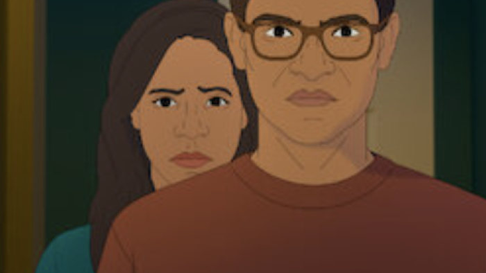 Worst Neighbor Ever screenshot 3: Animated man with glasses, serious expression, woman stands closely behind him.