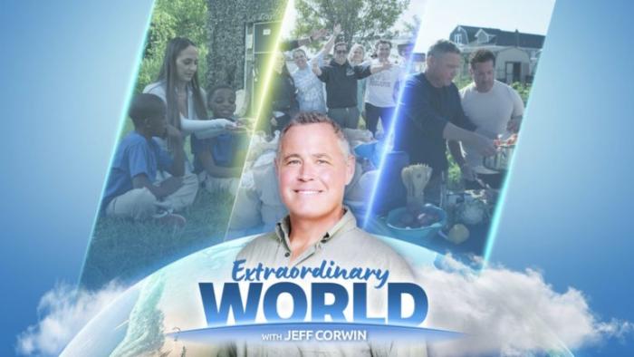"Extraordinary World with Jeff Corwin" printed in front of Jeff Corwin, a middle-aged white man in khaki who stands in front of a collage of people 