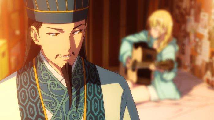 Ya Boy Kongming! screenshot 3: Kongming listens solemnly to Eiko playing acoustic guitar. Close up of Kongming.