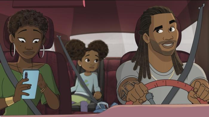 Young Love TV show screenshot 1: A man drives as a woman sits in the passenger seat on her phone. A little girl sits in a car seat in the background.