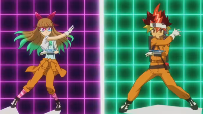 Yu-Gi-Oh! Go Rush!! TV: Split screen shows Yuamu in a pink plaid background and Yuhi in a green plaid background, both acting out their hero pose.