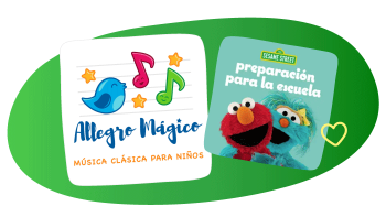 From left to right: cover images of Allegro Magico and Sesame Street Listos Para la Escuela podcasts